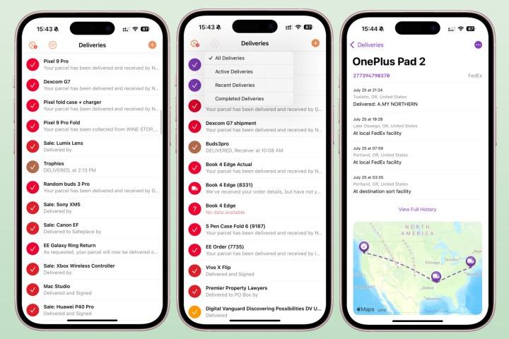 Três capturas de tela do aplicativo Parcel no iPhone