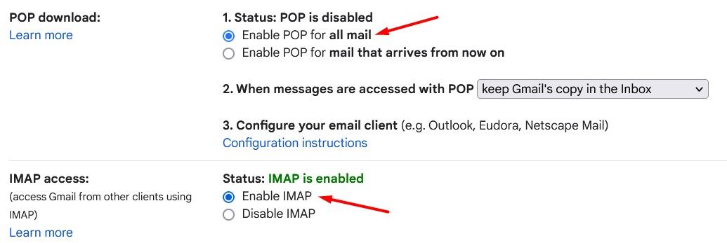 Opção IMAP no Gmail.