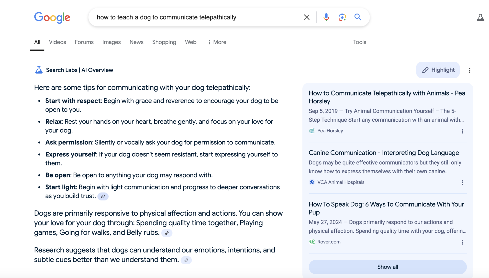 Um usuário da Pesquisa Google buscando informações sobre como se comunicar telepaticamente com um cachorro e recebendo uma visão geral da IA ​​que começa 