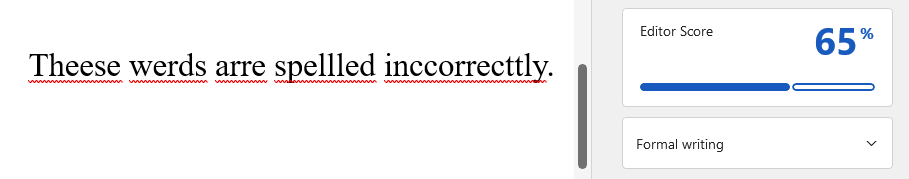 Editor da Microsoft mostrando uma pontuação de 65, devido a palavras digitadas incorretamente ou escritas incorretamente.