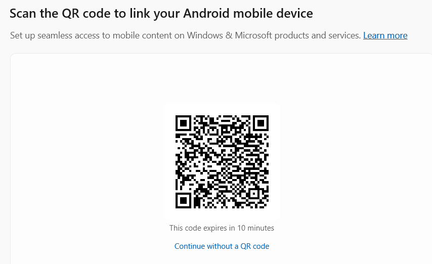 Exibindo o código QR para vincular seu dispositivo Android ao Phone Link.