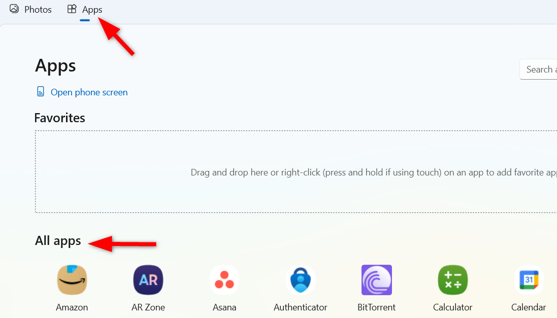 Navegando até a seção ‘Aplicativos’ de ‘Phone Link’ no Windows após vincular ao seu telefone.