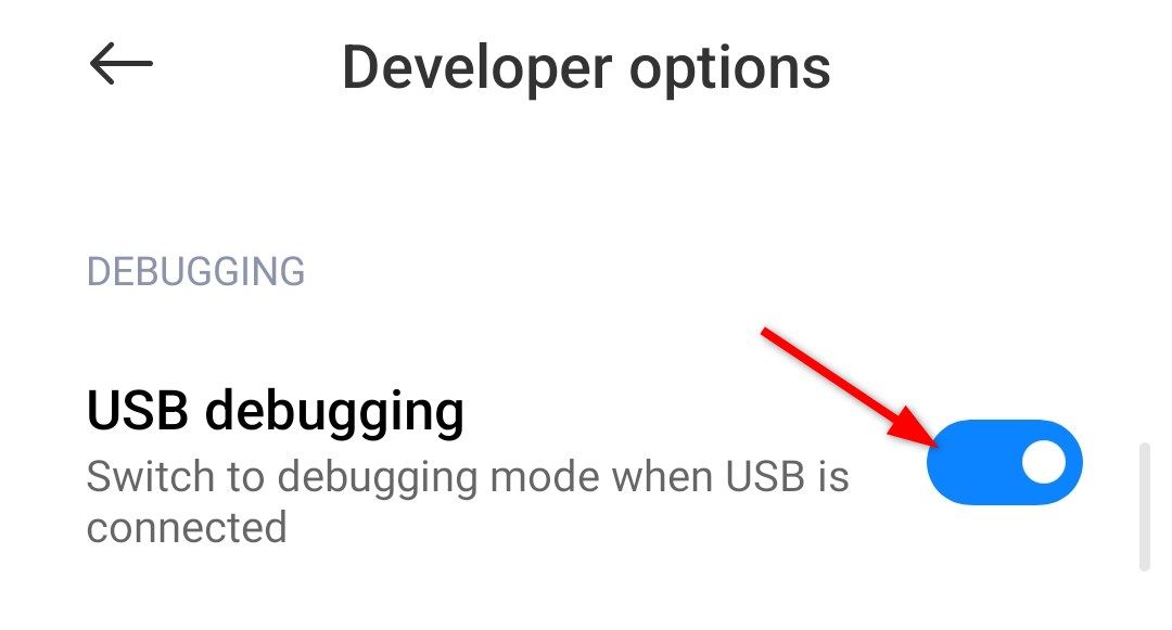 Habilitando 'Depuração USB' na opção de desenvolvedor do Android.