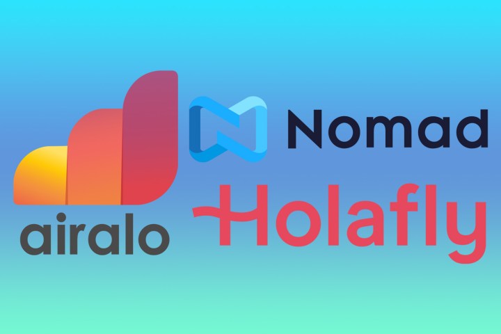 Logotipos Airalo, Nomad e Holafly em um fundo gradiente azul esverdeado