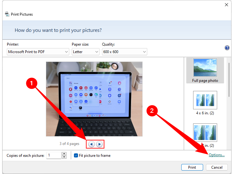 Clique nos botões de seta para a esquerda ou para a direita para mover entre as imagens ou clique em "Opções" para acessar mais configurações de impressão. 