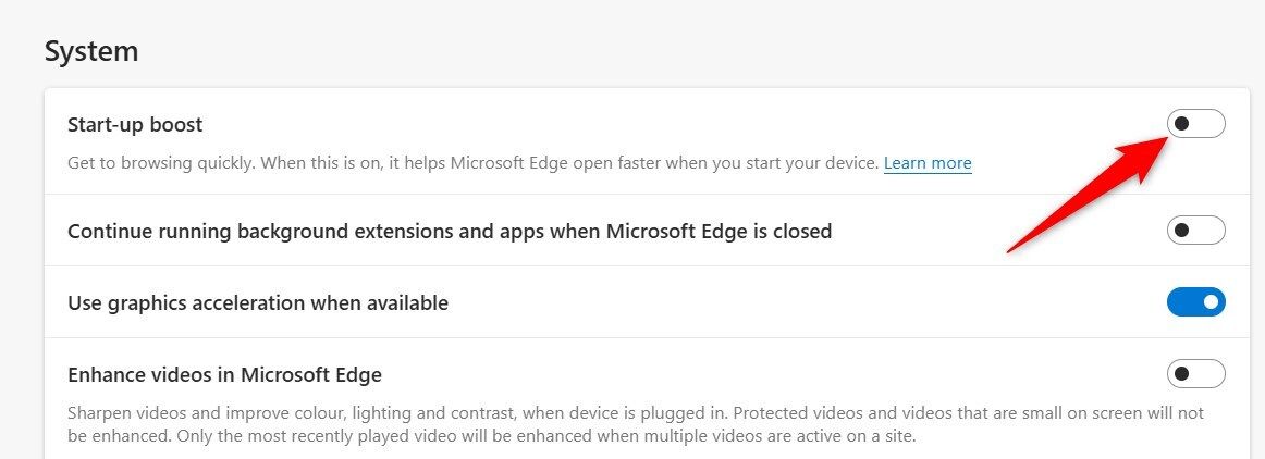 Desativando o impulso de inicialização no Microsoft Edge.