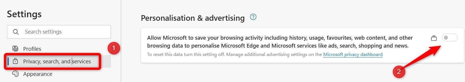 Desativando personalização e publicidade no Microsoft Edge.