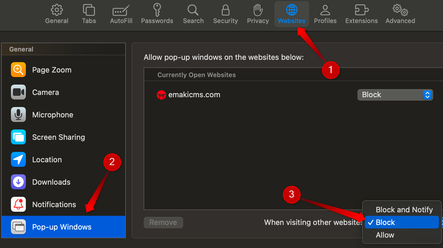 Desativando janelas pop-up nas configurações do Safari.