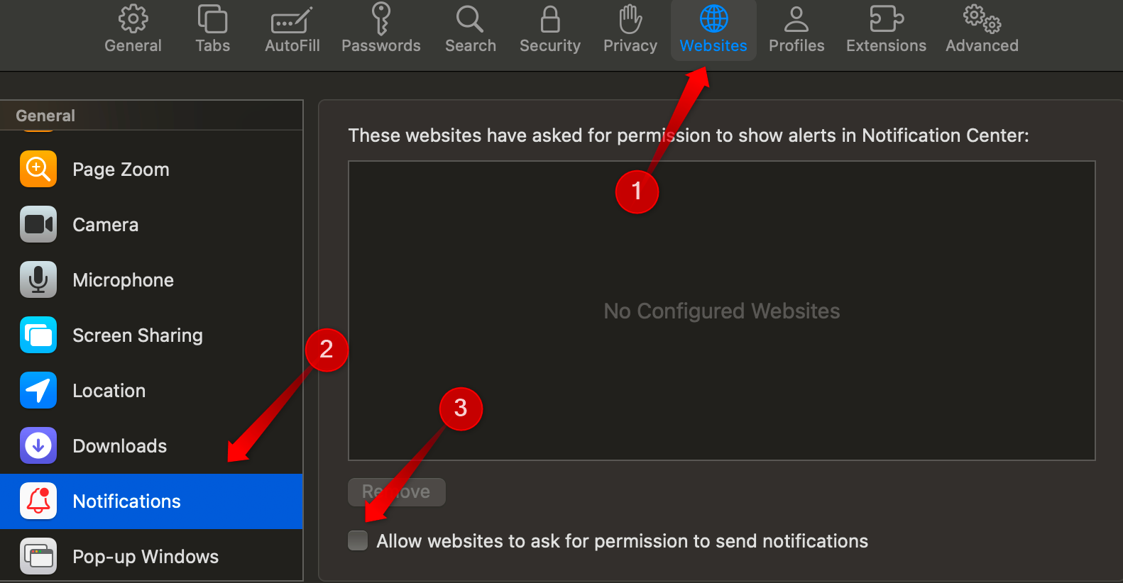 Impedir que sites solicitem o envio de notificações nas configurações do Safari.