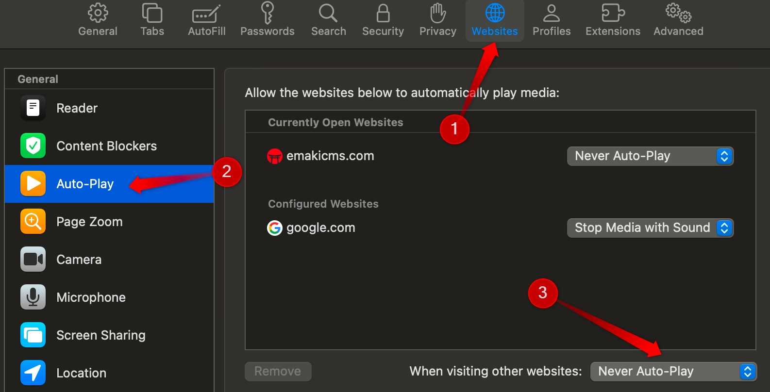 Bloqueando a reprodução automática de mídia de sites nas configurações do Safari.