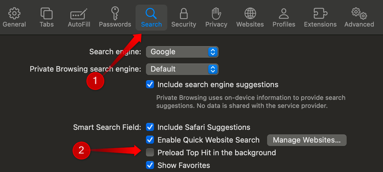 Desativando o pré-carregamento da página principal nas configurações do Safari.