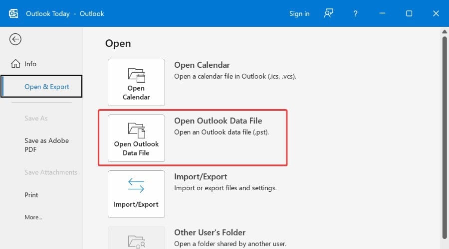 Abra o arquivo de dados do Outlook PST