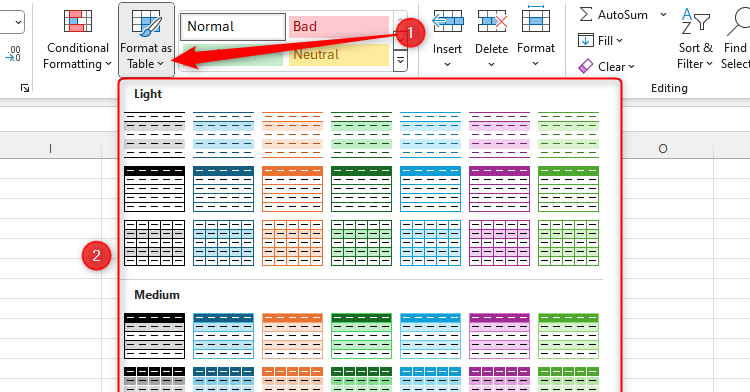 Uma planilha do Excel com o menu suspenso Formatar como tabela expandido.