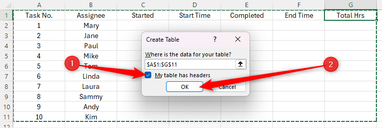 A caixa de diálogo Criar tabela no Excel com a caixa de seleção Minha tabela tem cabeçalhos marcada.