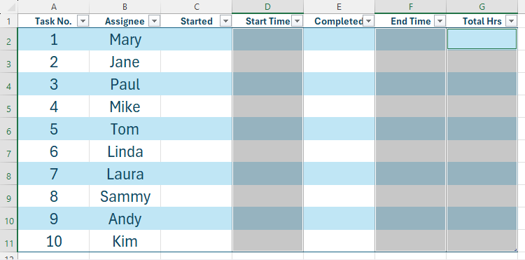 São selecionadas três colunas em uma tabela do Excel onde o tipo de dados será tempo.