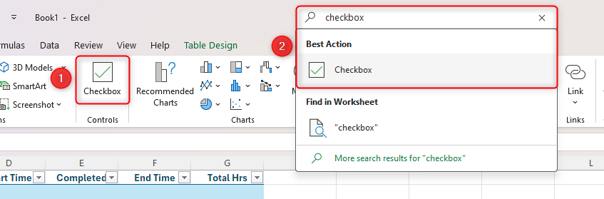 Uma caixa de seleção sendo adicionada a uma planilha do Excel por meio do ícone na guia Inserir e da barra de pesquisa na parte superior da janela do Excel.