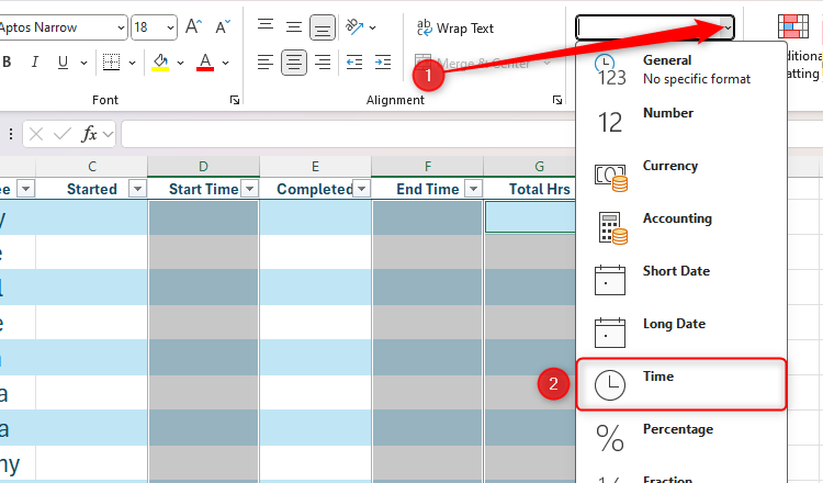 Algumas colunas em uma tabela do Excel são selecionadas e o formato do número é alterado para Hora no menu suspenso Formato do Número.