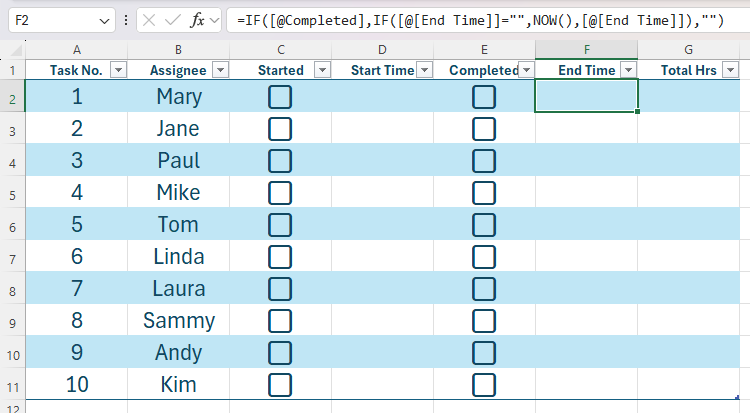 Uma tabela do Excel contendo funções IF aninhadas para gerar um carimbo de data/hora quando uma caixa de seleção correspondente é marcada.