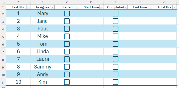 Uma tabela do Excel contendo duas colunas de caixas de seleção, que serão exibidas quando uma tarefa for iniciada e quando uma tarefa for concluída.