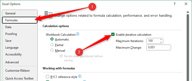 A caixa de seleção Habilitar cálculos iterativos está marcada na janela de diálogo Opções do Excel.