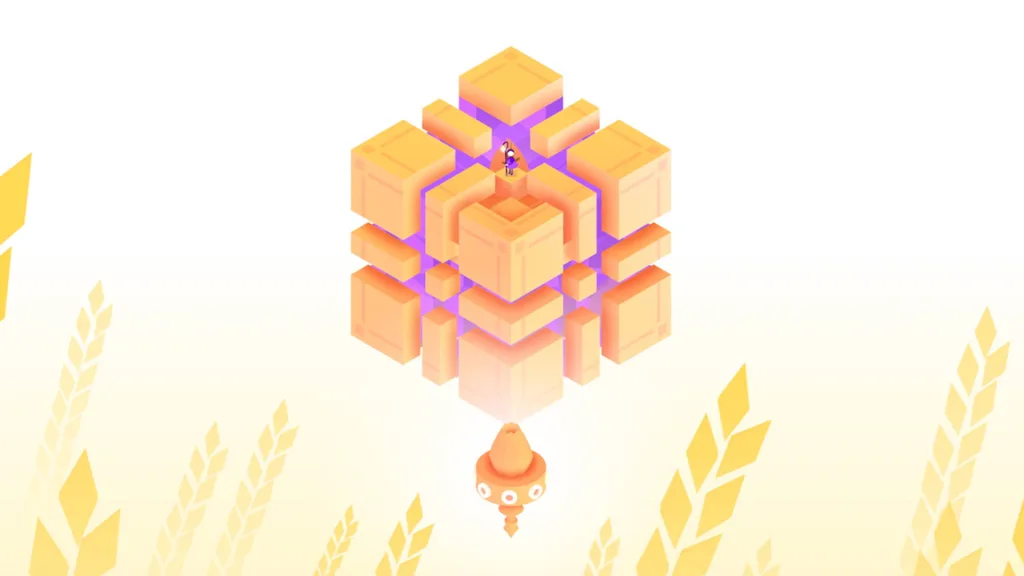 Uma foto do Monument Valley 3 representando um bloco semelhante a um cubo de Rubix sobre um fundo amarelo gradiente.