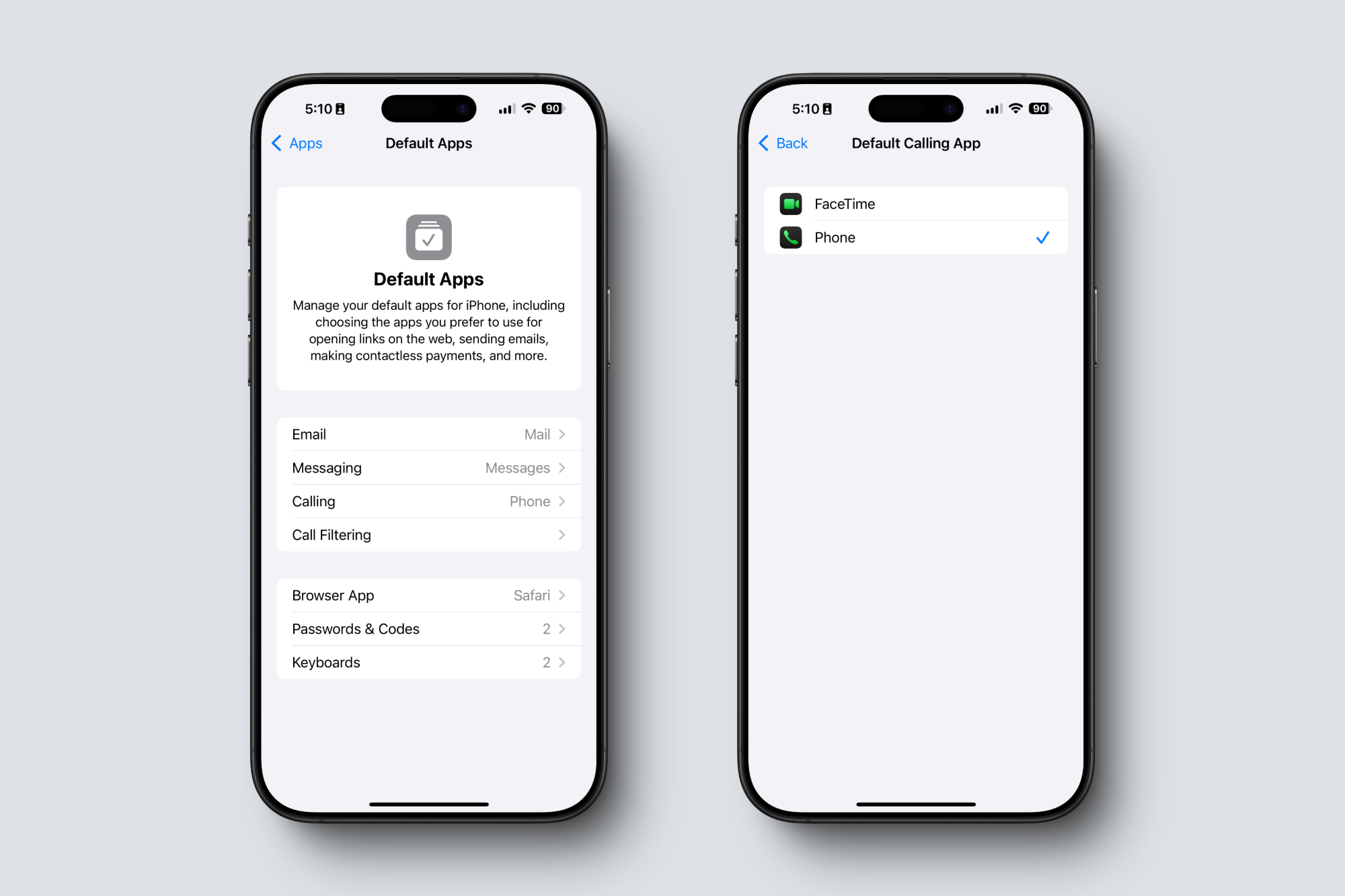 Configurando aplicativos padrão para chamadas e mensagens no iOS 18.2.