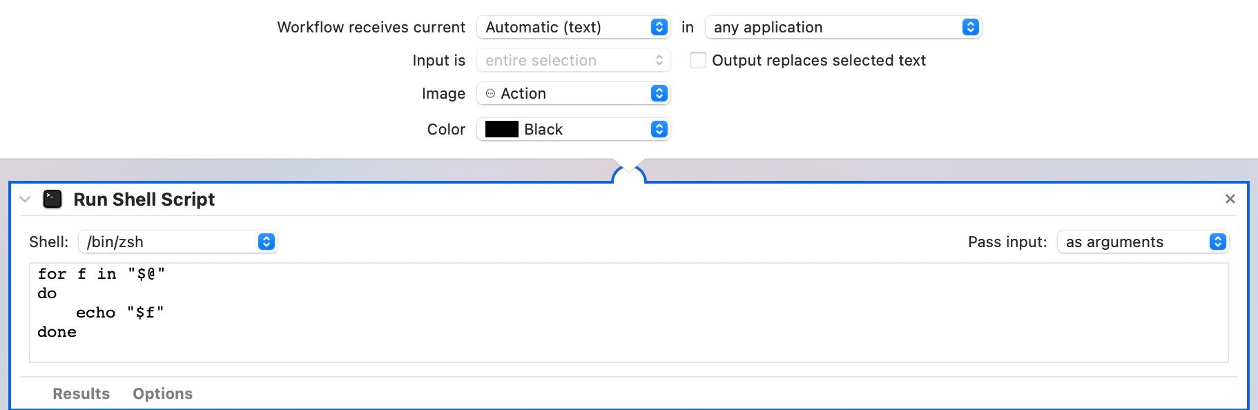 Configurando as opções Shell e Pass Input para a ação Executar Shell Script no Automator.