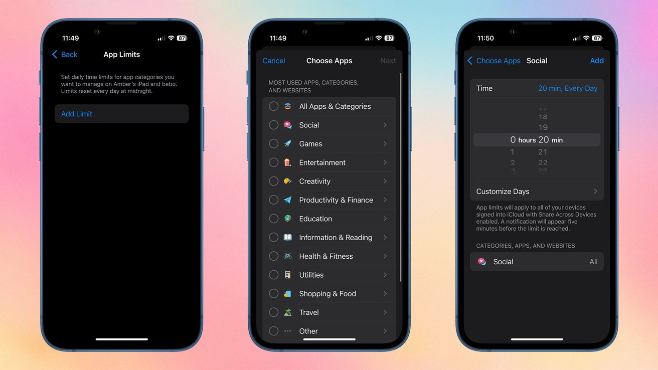 Três telas de smartphone exibem configurações de gerenciamento de tempo de aplicativos, incluindo limites de aplicativos, seleção de categorias e personalização de uso diário. O fundo apresenta um gradiente de cores suaves.