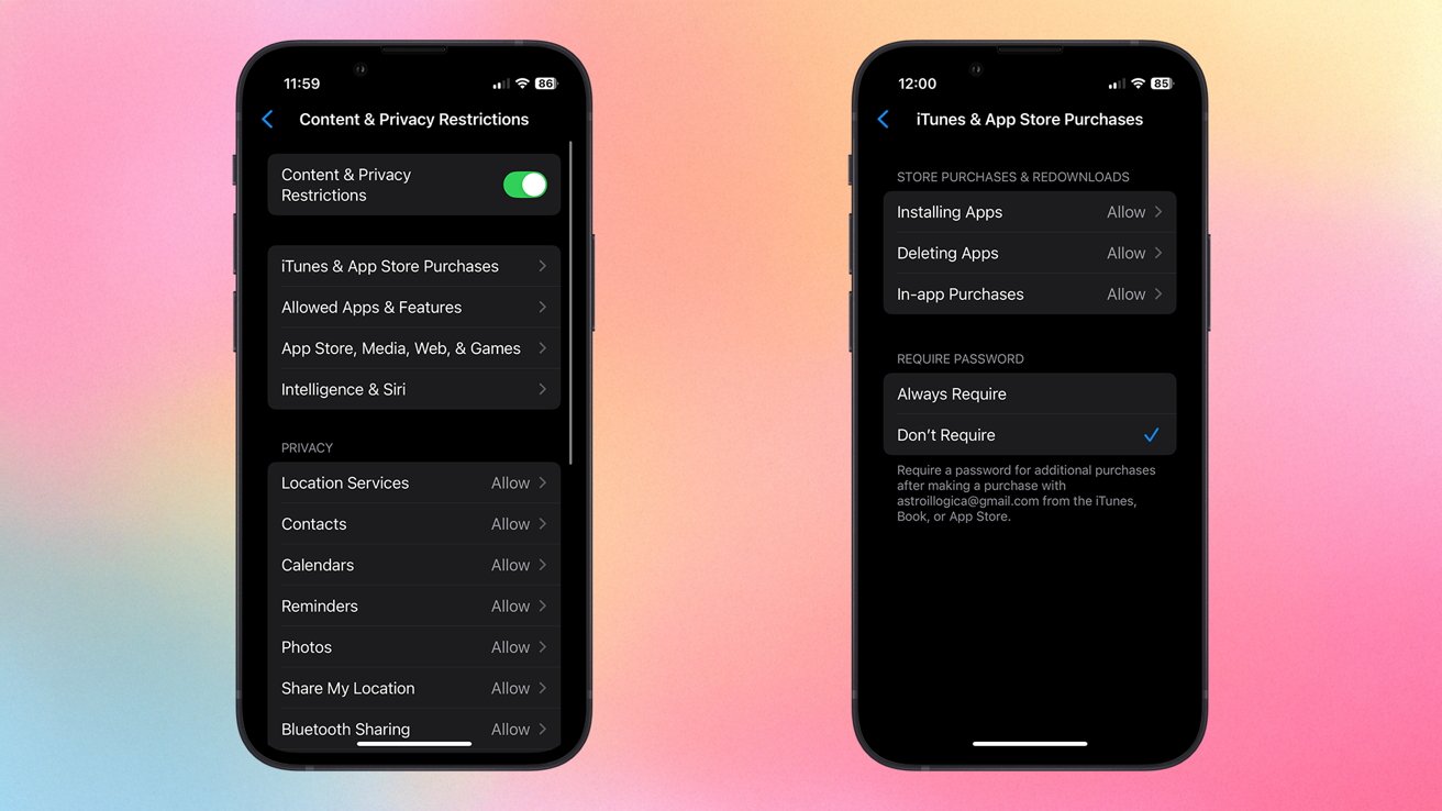 Dois smartphones exibindo configurações: à esquerda mostra restrições de conteúdo; à direita mostra as permissões de compra na app store. O gradiente de fundo é rosa e laranja.