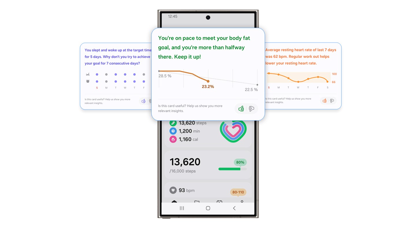 Maquete do Samsung Health mostrando o novo recurso de dicas de bem-estar para One UI 6 Watch