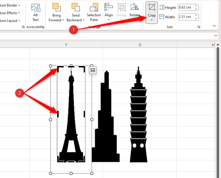 Uma imagem sendo recortada no Excel, de modo que as bordas da silhueta formem as bordas da imagem.