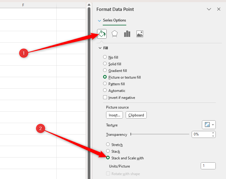 A opção Empilhar e dimensionar com na barra lateral Formatar ponto de dados do Excel.