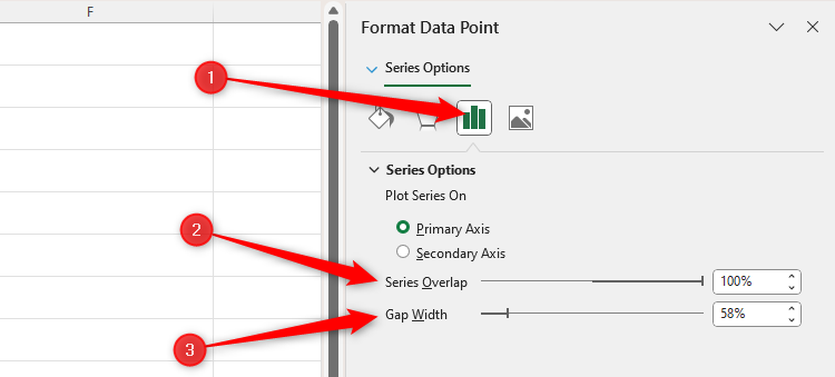 Barra lateral Formatar ponto de dados do Excel, com as barras deslizantes de opções de série ajustadas para 100 e 58 por cento, respectivamente.