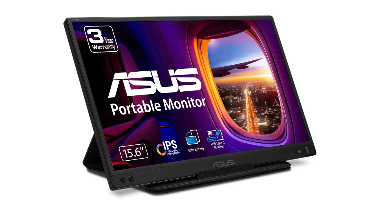 Monitor portátil ASUS com tela de 15,6 polegadas, vista da paisagem urbana através da janela de um avião, garantia de três anos, tecnologia IPS, recurso de rotação automática e conectividade USB Type-C.