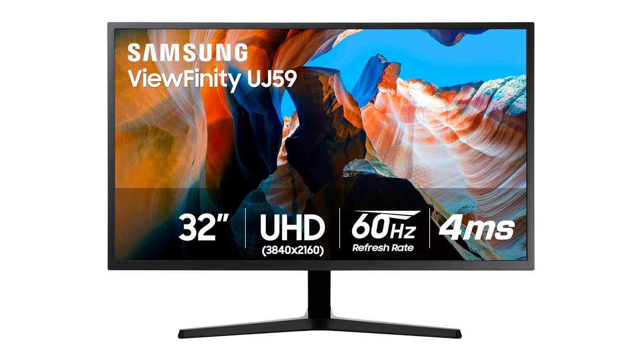 Monitor Samsung ViewFinity UJ59, mostrando uma cena vibrante do desfiladeiro com cores. Os recursos incluem tamanho de 32 polegadas, resolução UHD, taxa de atualização de 60 Hz e tempo de resposta de 4 ms.