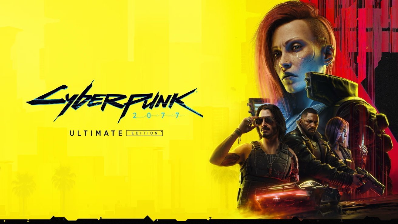 Uma cena futurística com uma pessoa proeminente com melhorias cibernéticas, três outras pessoas e um carro, contra um fundo amarelo e vermelho brilhante com o texto Cyberpunk 2077 Ultimate Edition.