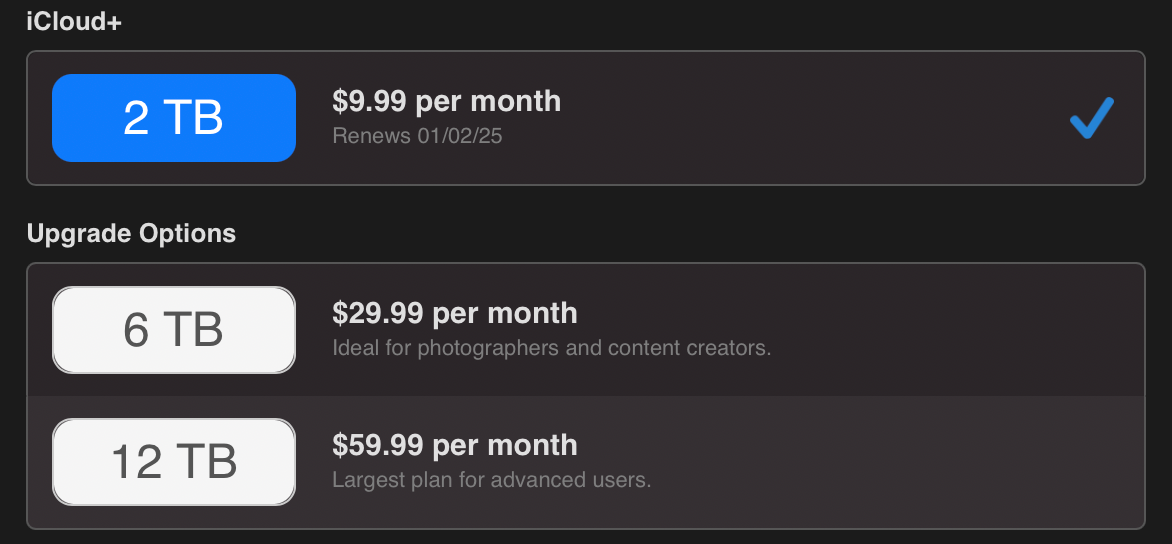 Preços de armazenamento do iCloud Drive.