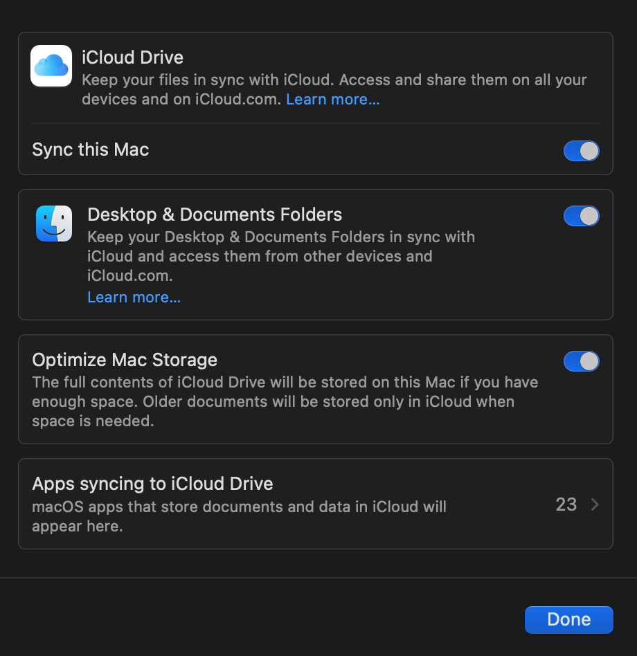 Uma captura de tela das configurações do iCloud Drive no macOS.