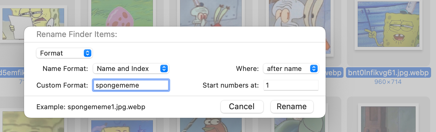 Uma captura de tela da função de renomeação em lote no macOS Finder.