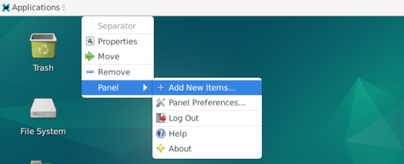 Menu do painel Xfce com "Adicionar novos itens..." opção destacada.