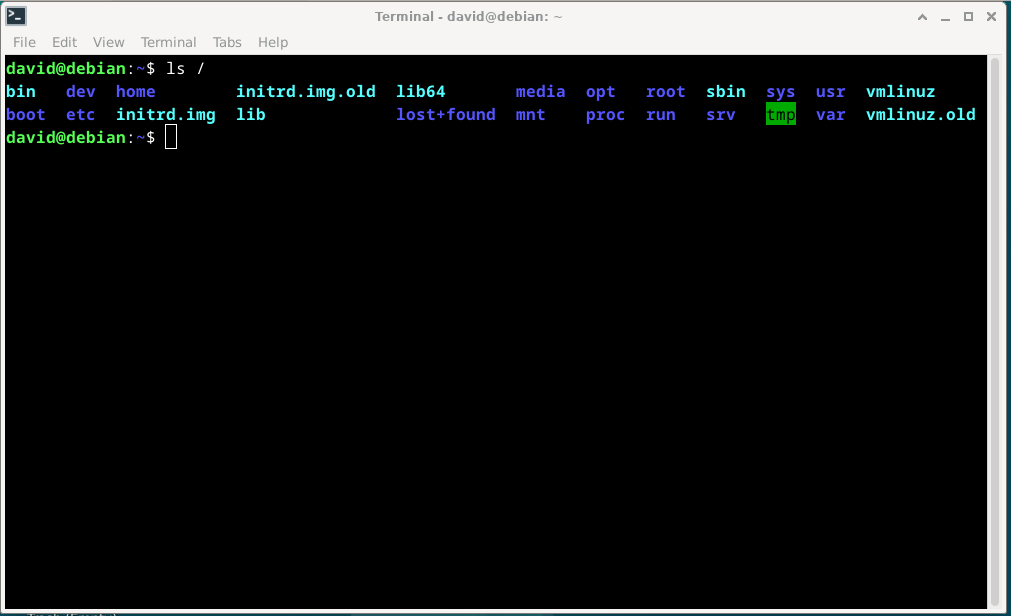 Terminal Xfce listando o diretório raiz do Linux.