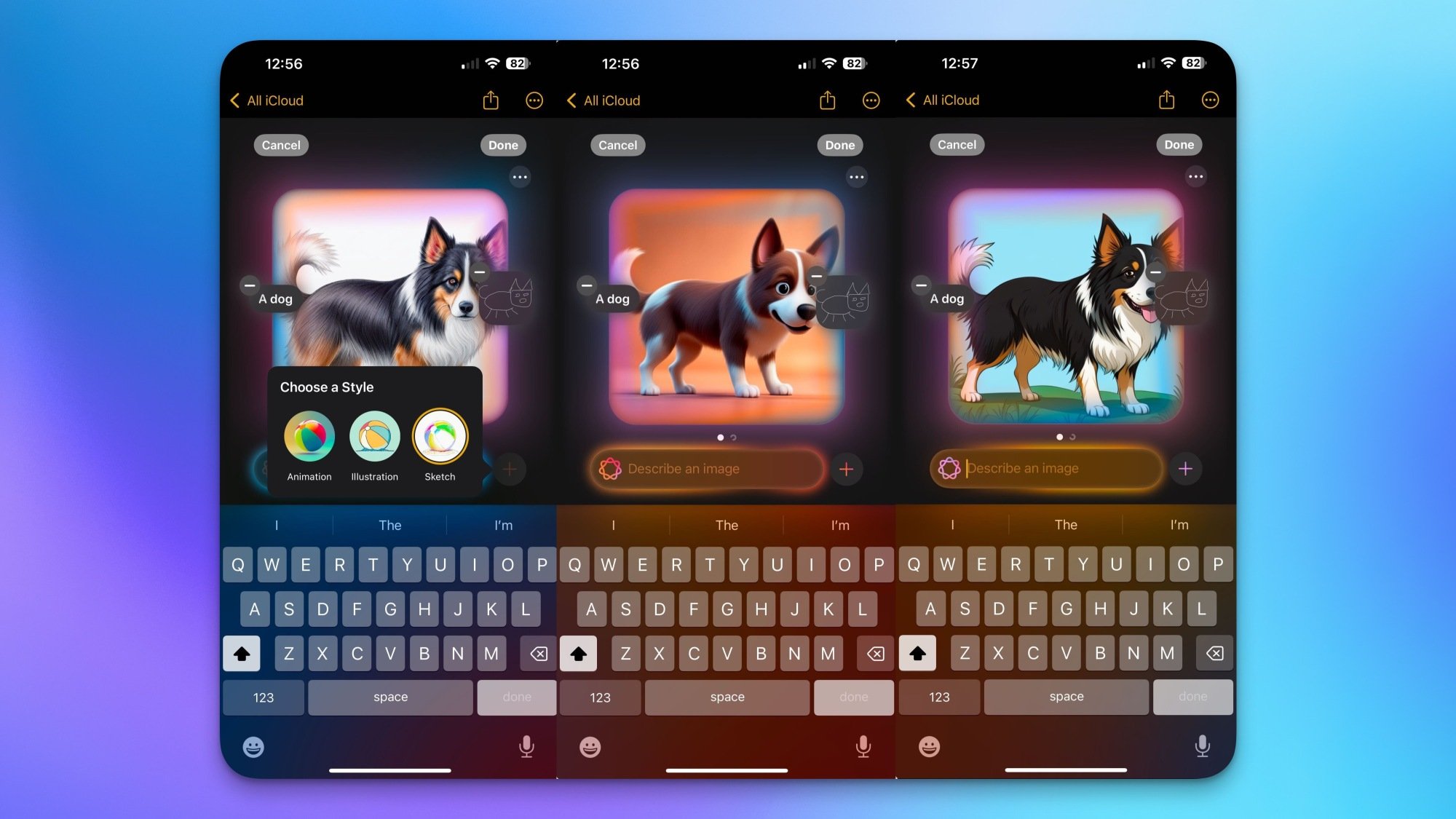 Integração do Image Playground com o Apple Notes, mostrada em três capturas de tela. Cada imagem de um cachorro tem um estilo de animação diferente.