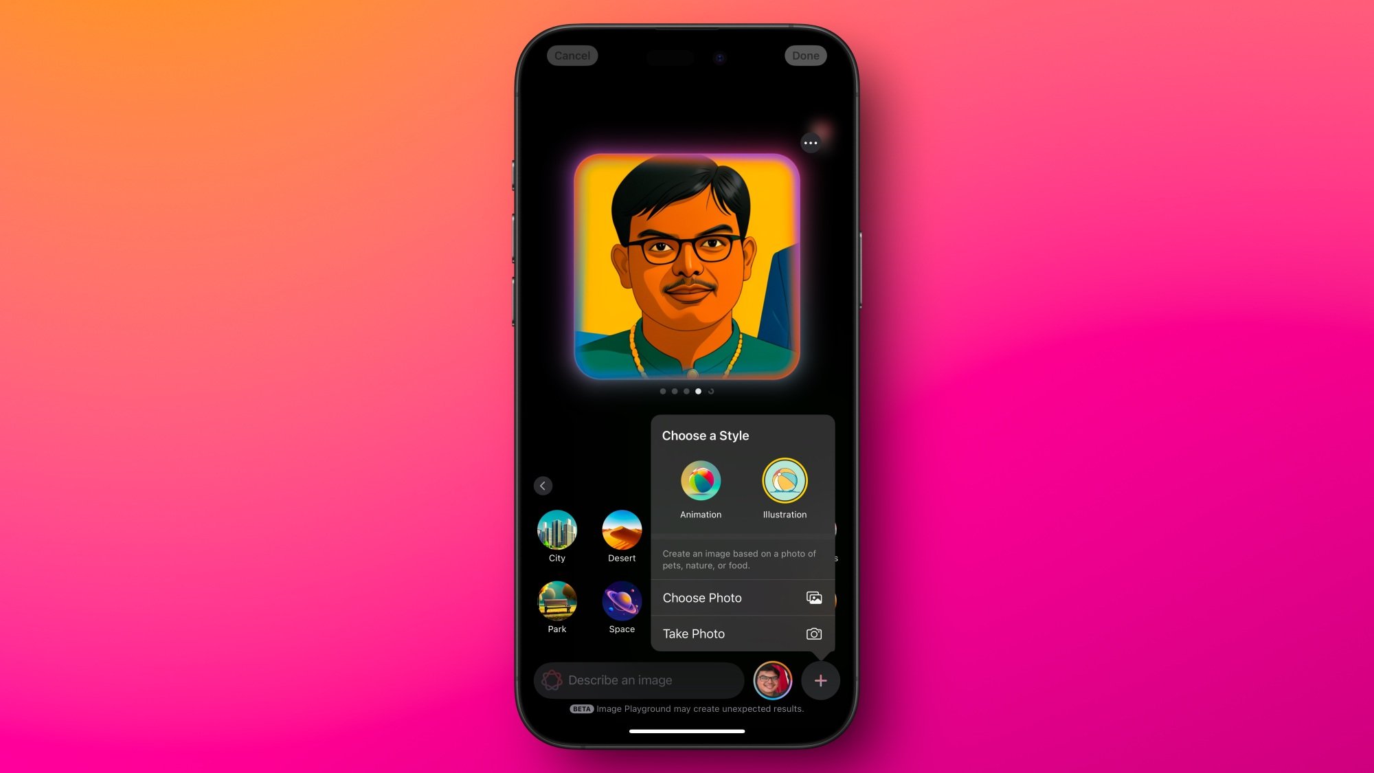 O aplicativo Image Playground no iOS 18.2, mostrando uma foto no estilo de ilustração.