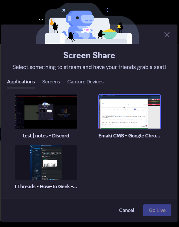 Captura de tela do menu de compartilhamento de tela do Discord