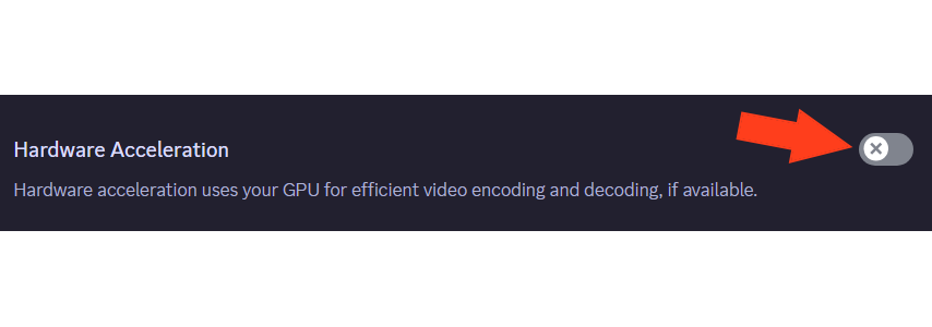 Captura de tela das configurações de aceleração de hardware do Discord, com uma seta apontando para o botão de alternância desativado.