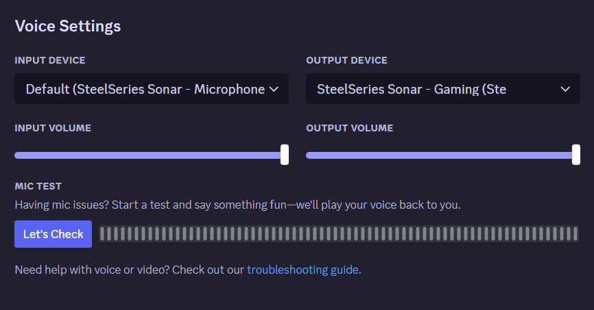 captura de tela das configurações do dispositivo de entrada e do dispositivo de saída do Discord.