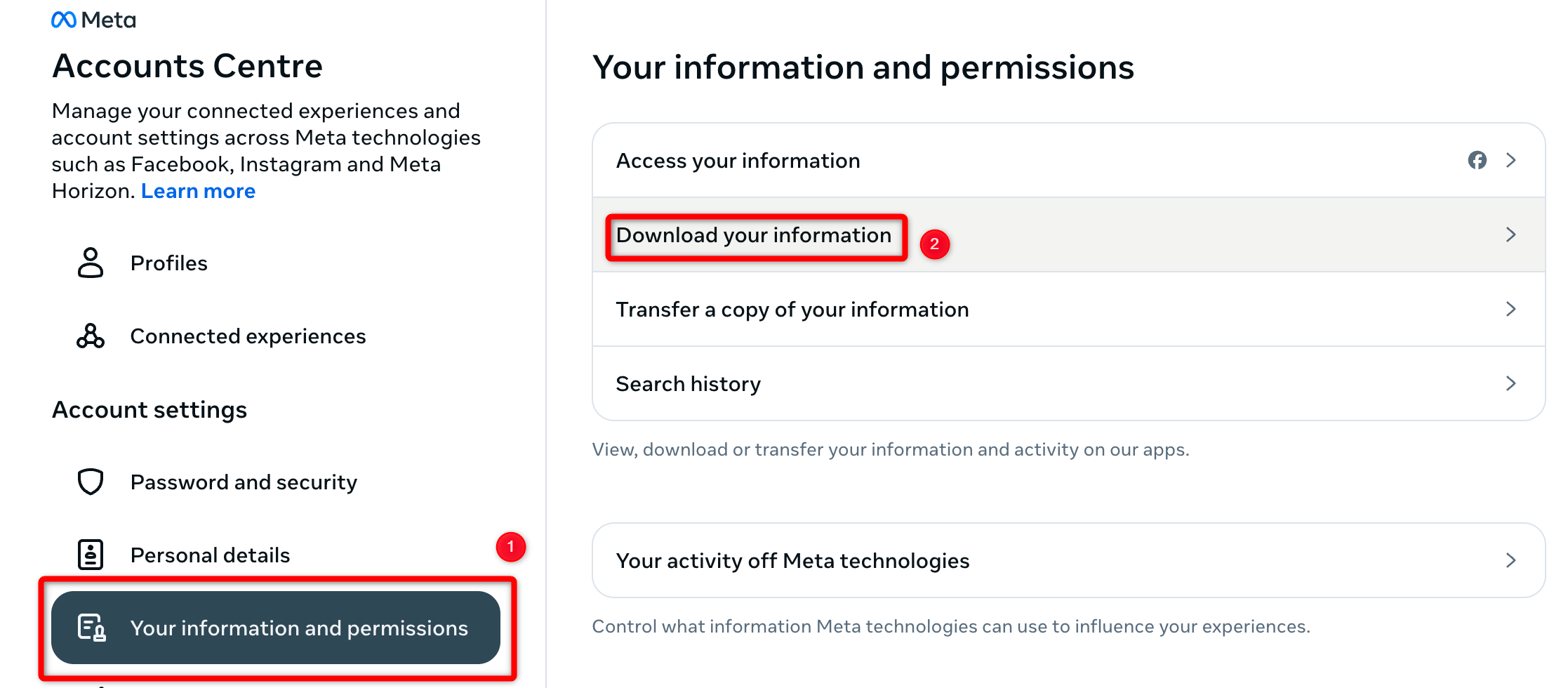 Abrindo as configurações para baixar informações no Facebook.