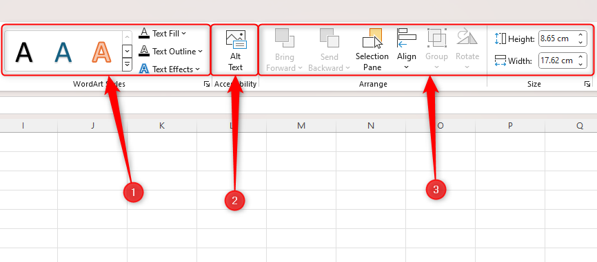 A metade direita da guia Formato do gráfico no Excel.