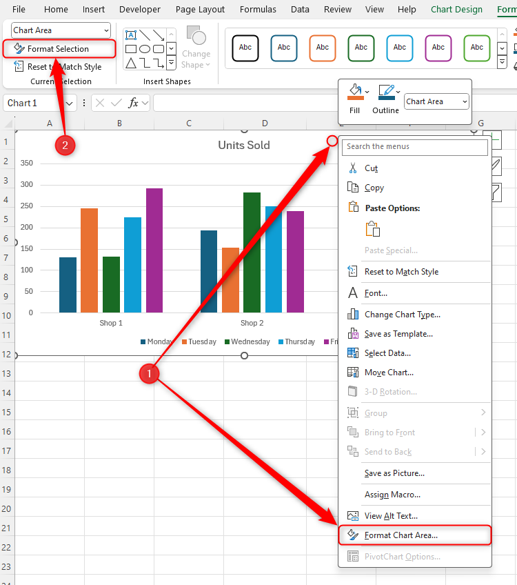 As opções de seleção de formato e área de gráfico de formato no Excel.