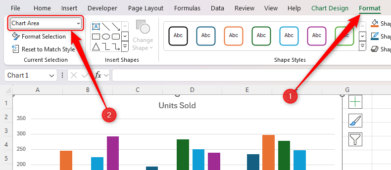 O seletor suspenso de parte do gráfico na guia Formato do gráfico do Excel.